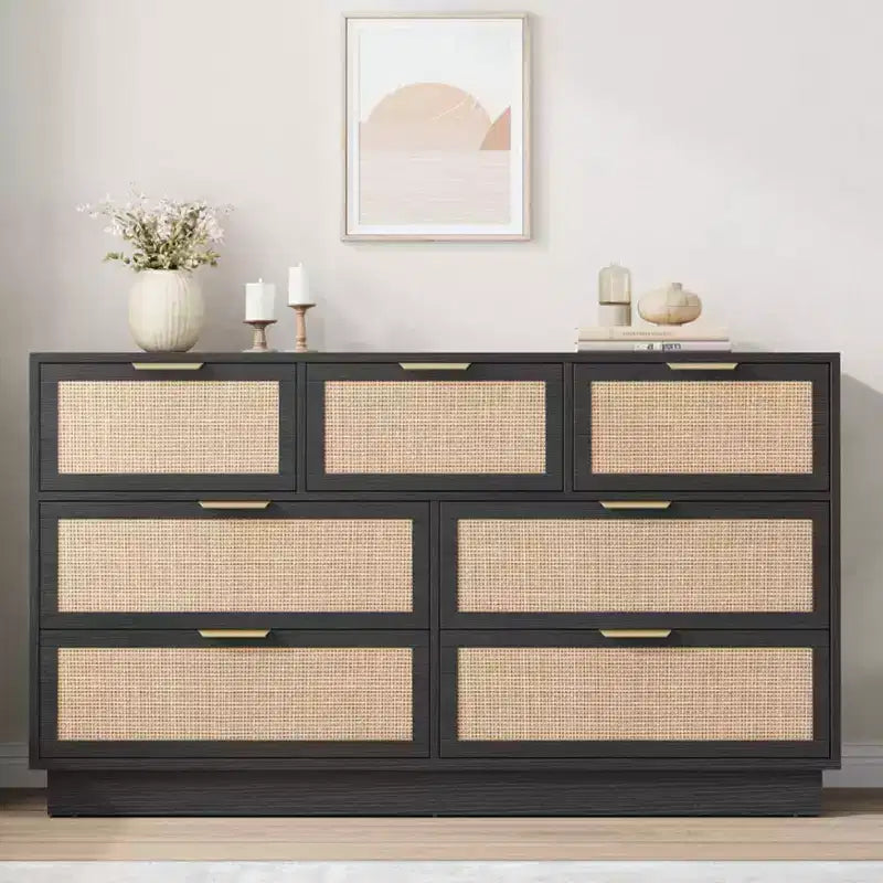 Cassettiera a 7 cassetti con pannelli frontali in rattan, larghezza 140 cm