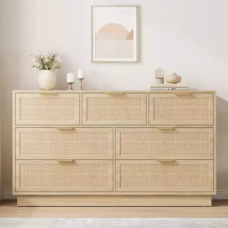 Cassettiera a 7 cassetti con pannelli frontali in rattan, larghezza 140 cm
