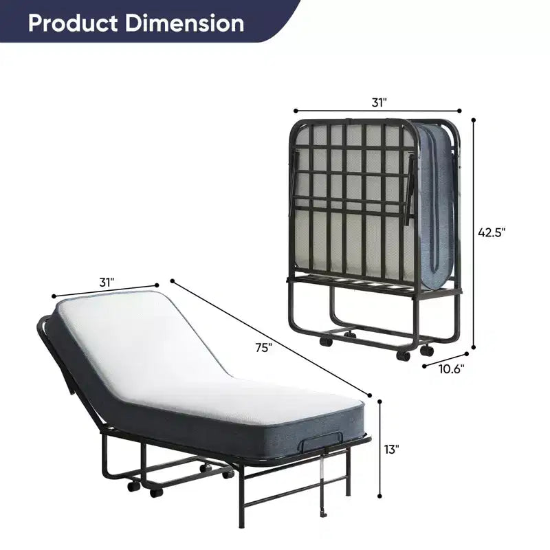 Lettino Pieghevole con Materasso da 13 cm, Letto Pieghevole Portatile con Ruote, Misura Singola