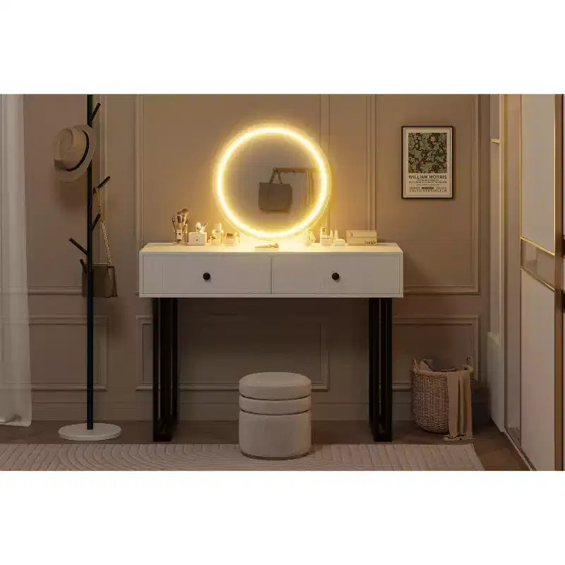 Specchiera rotonda con luci a LED e due cassetti