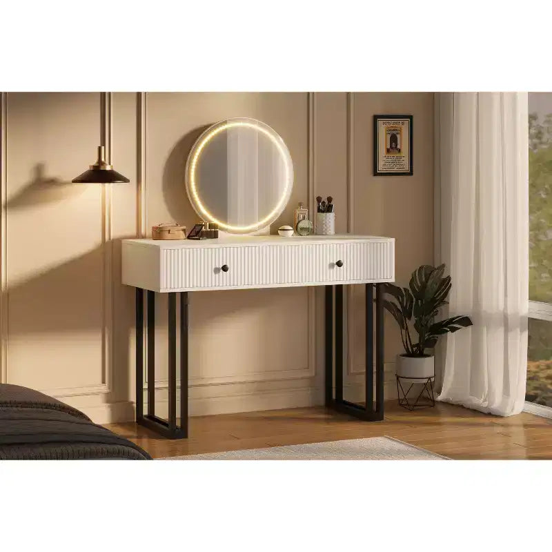 Specchiera rotonda con luci a LED e due cassetti