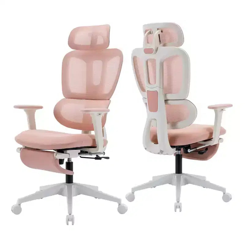Sedia da ufficio in rete rosa con poggiapiedi, braccioli regolabili, supporto lombare e poggiatesta