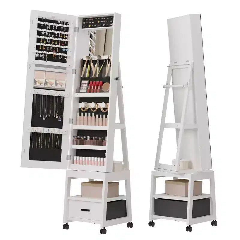 COZONY 360 Swivel Mirror Jewelry Cabinet with LED Lights, Lockable Full Length Standing Mirror Armoire Organizer with Drawer & Wheels