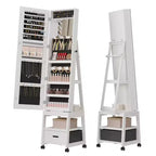 COZONY 360 Swivel Mirror Jewelry Cabinet with LED Lights, Lockable Full Length Standing Mirror Armoire Organizer with Drawer & Wheels