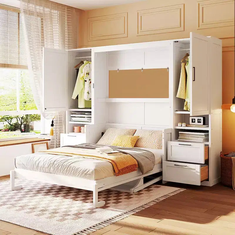 Letto a scomparsa matrimoniale con armadio, cassetti contenitore e guardaroba laterale