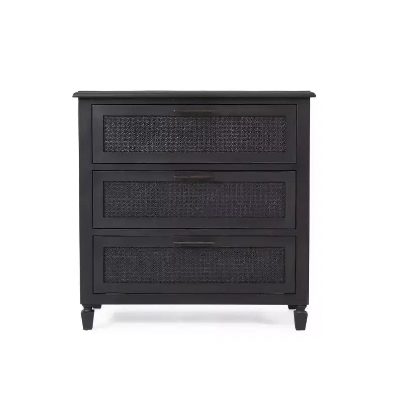 Cassettiera a 3 cassetti in legno di acacia rustico e rattan – Grigio scuro