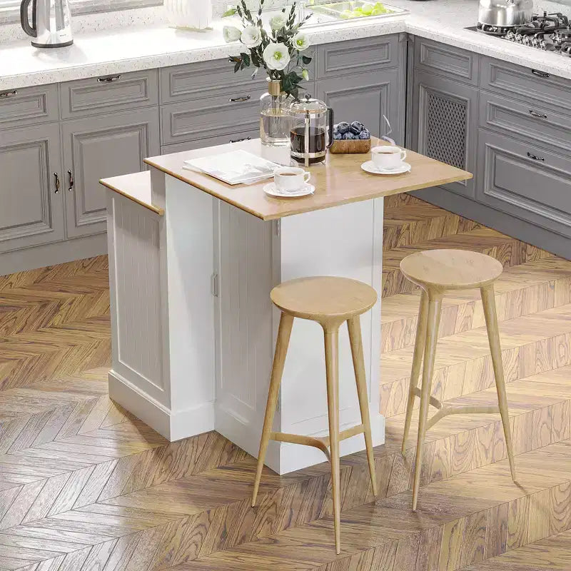 Isola da Cucina con Mobile Contenitore e Piano in Legno di Gomma a 2 Livelli, Bianco