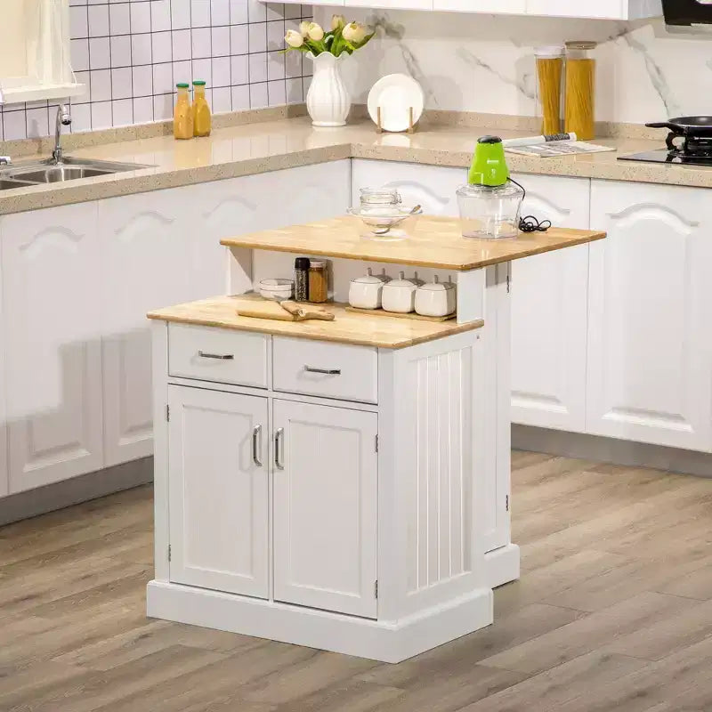Isola da Cucina con Mobile Contenitore e Piano in Legno di Gomma a 2 Livelli, Bianco
