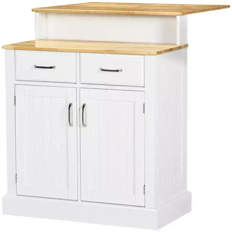 Isola da Cucina con Mobile Contenitore e Piano in Legno di Gomma a 2 Livelli, Bianco