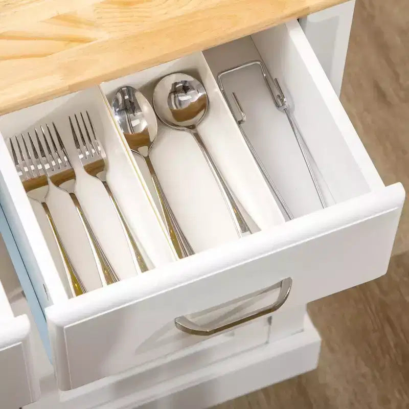 Isola da Cucina con Mobile Contenitore e Piano in Legno di Gomma a 2 Livelli, Bianco