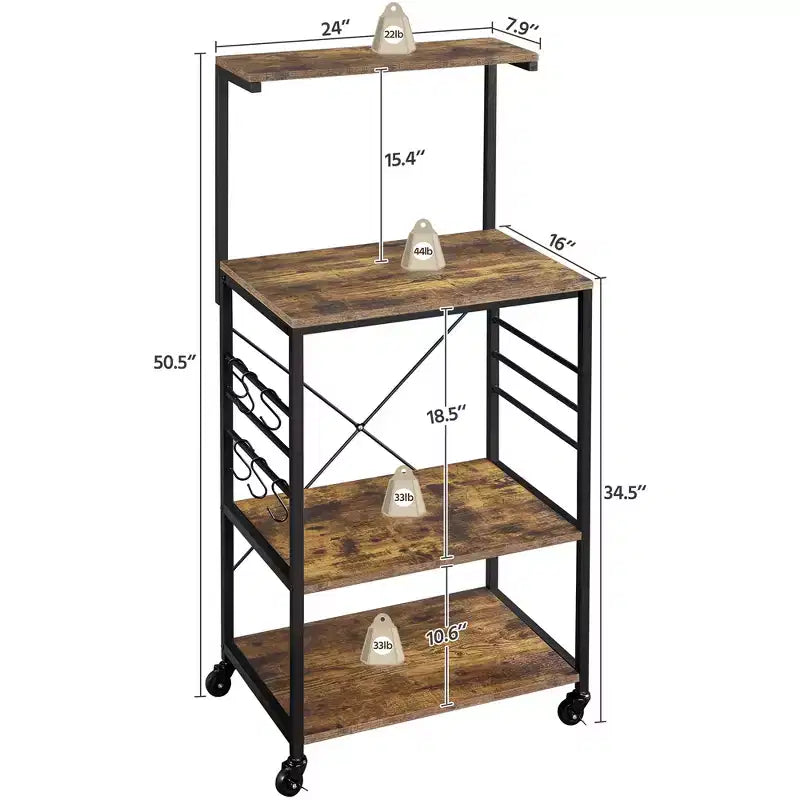 Scaffale da cucina per panettiere, altezza 128,27 cm, con ganci laterali