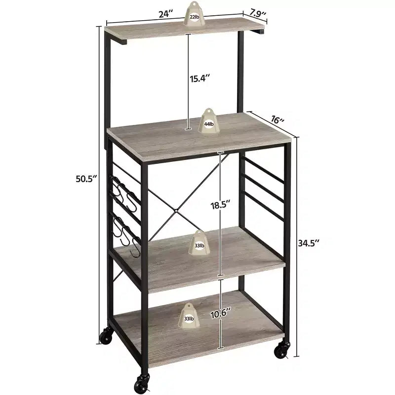 Scaffale da cucina per panettiere, altezza 128,27 cm, con ganci laterali