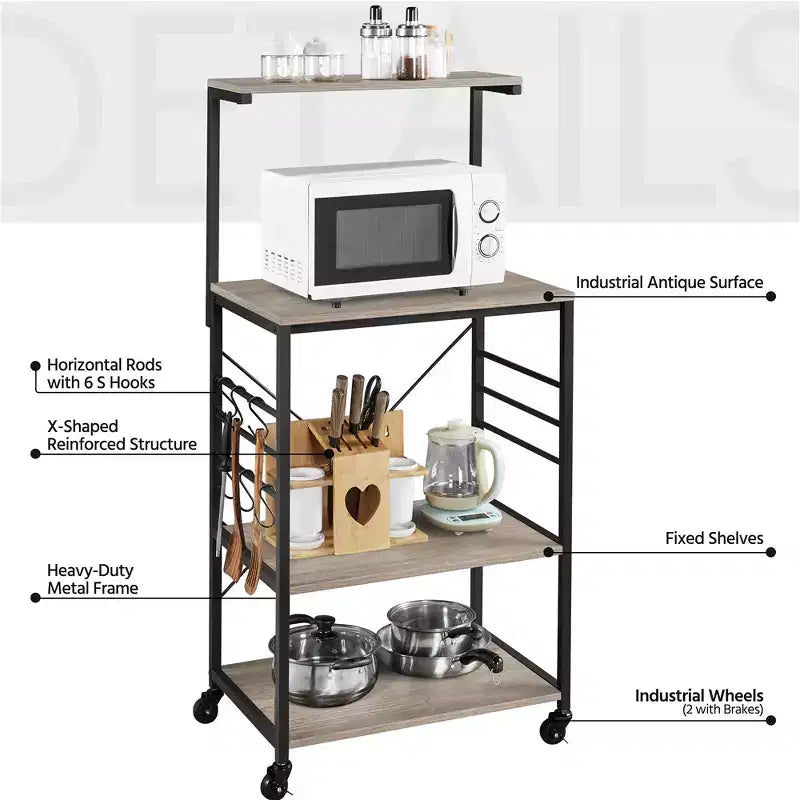 Scaffale da cucina per panettiere, altezza 128,27 cm, con ganci laterali